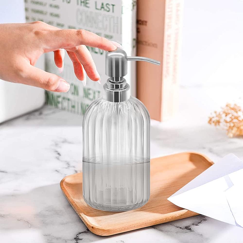 14 Oz Glass Soap Dispenser with 304 Rust Proof Stainless Steel Pump, Refillable Hand Liquid Soap Dispenser for Bathroom, Kitchen, Countertop, Laundry Room (White)