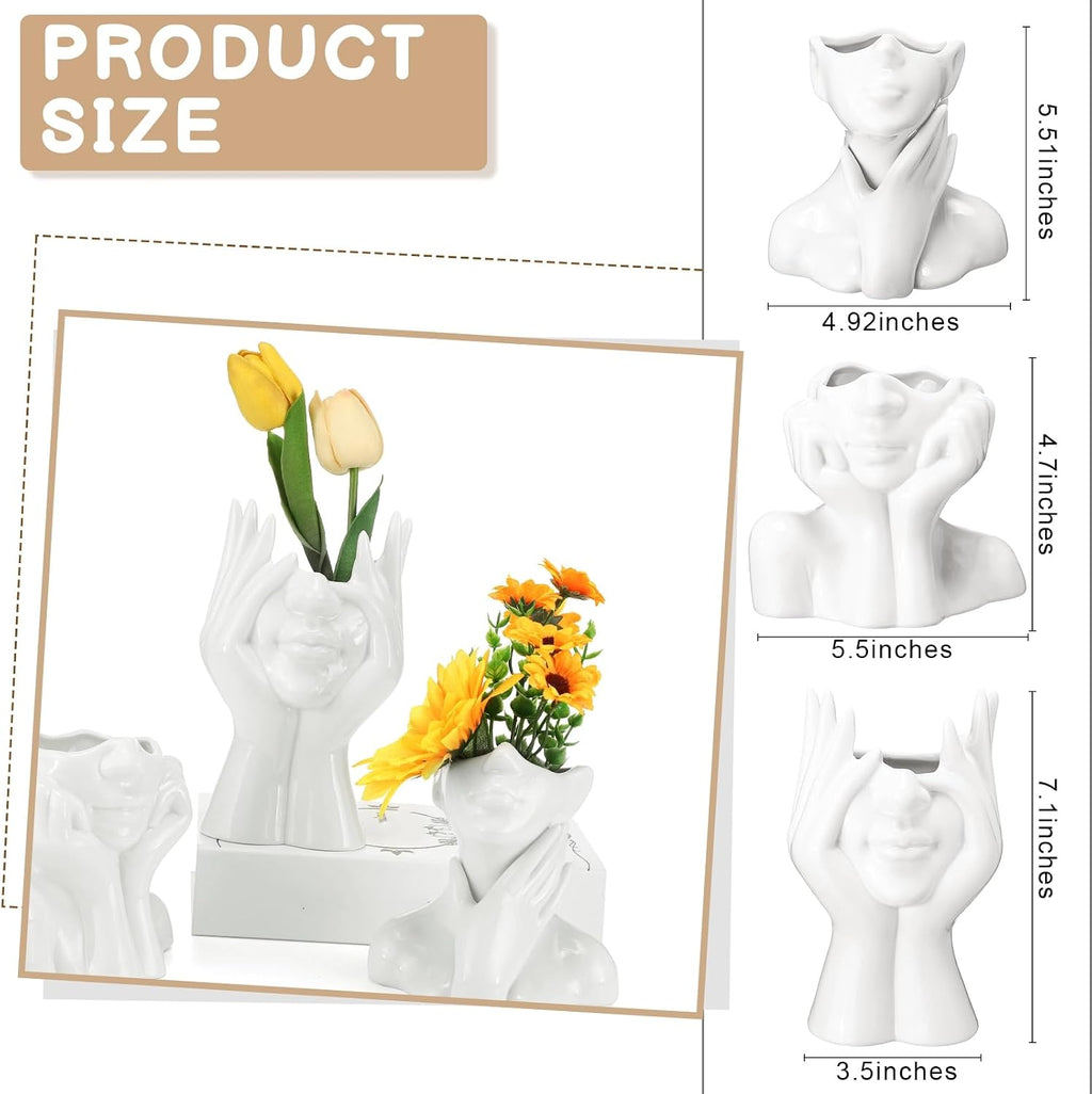 Sieral 3 Pcs Ceramic Face Vase Female Form Body Flower Vase, Small, White