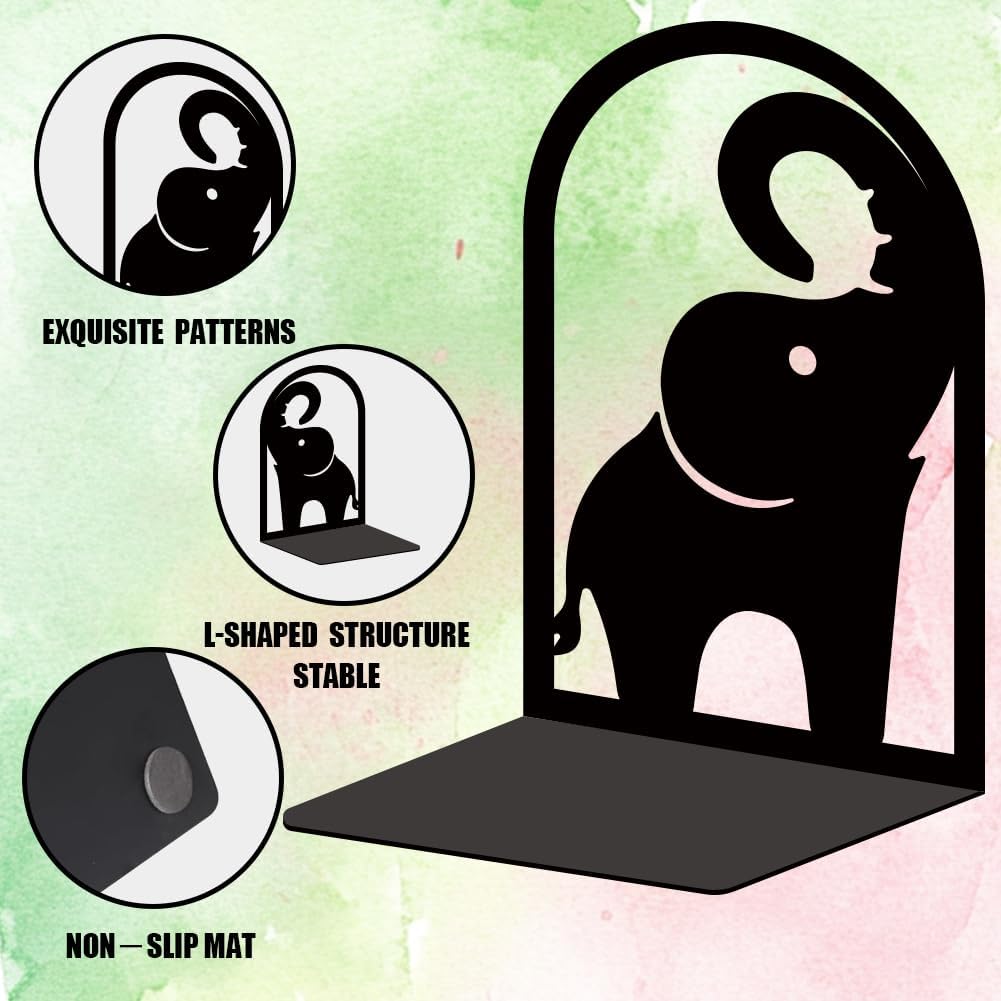 INFUNLY 1 Pair Metal Book Ends for Shelves Elephant Trunk Black Bookshelf Holder Stand Black Book Stopper Support for Desktop 7.1x4.7x3.5 for Home Office Library School Kitchen Decor
