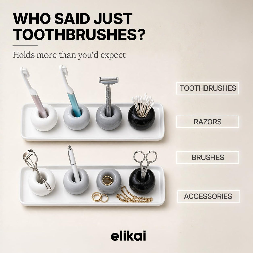 ELIKAI Ceramic Toothbrush Holders with Bathroom Tray, Countertop Organizer for Toothbrushes and Accessories, Hygienic Individual Holder Set (Black, Grey & White, 4 Holders)
