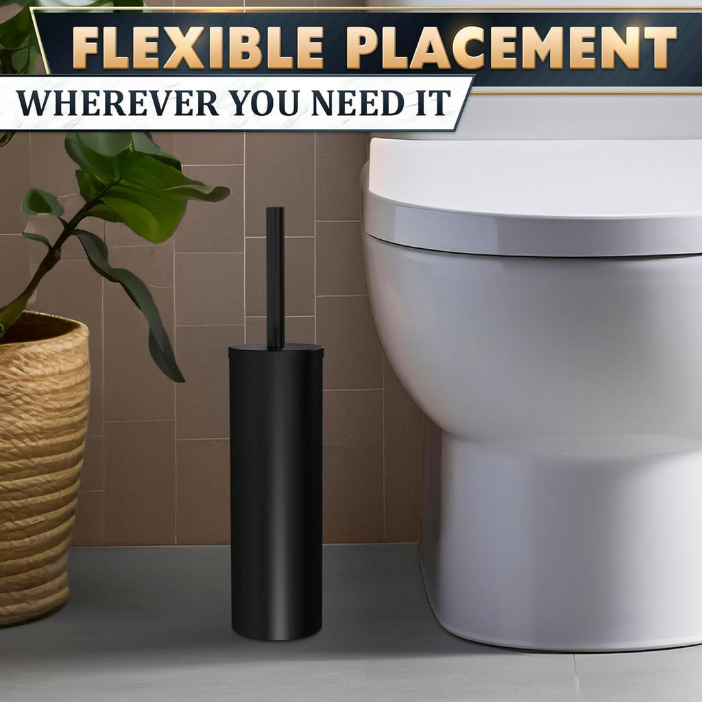 Black Toilet Brush and Holder Set, Freestanding, Splash Protection