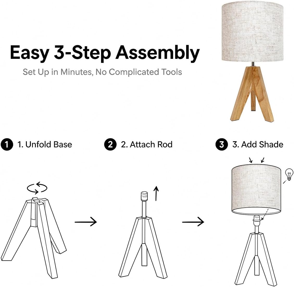 Tripod Table Lamp Small: 2 Pack Wooden Nightstand Lamp with E26 Socket