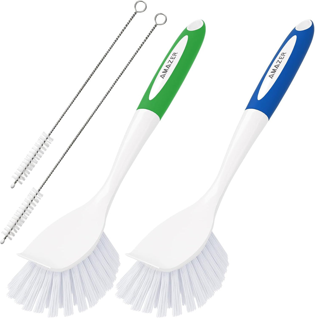Amazer Dish Brush with Handle, Kitchen Scrub Brushes for Cleaning, 2 Pcs Straw Cleaner Brushes for Water Bottle, 2 Pcs Dish Scrubber with Stiff Bristles for Sink