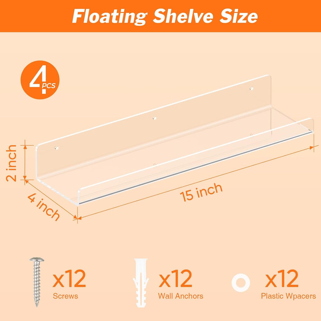 Dooiclear 4 Pack Floating Shelves for Wall, 15" Clear Floating Wall Shelf