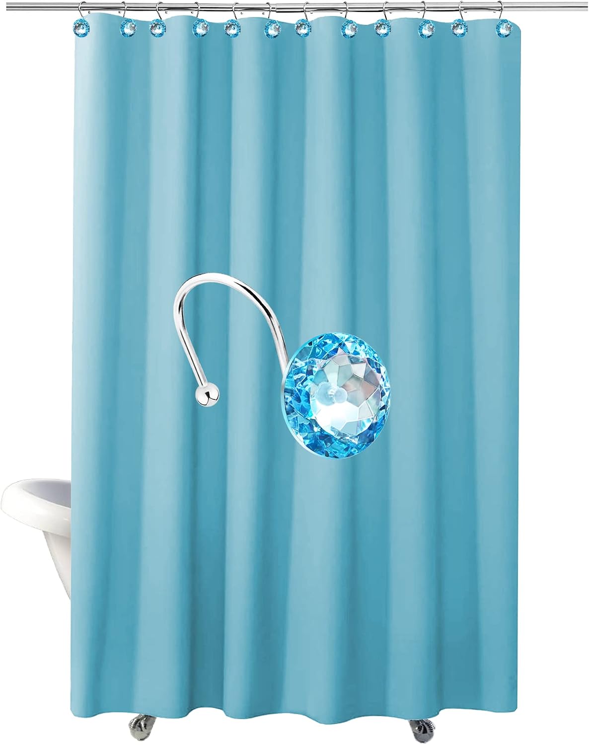 12PCS Stainless Steel Shower Curtain Hooks Rings for Bathroom, RustProof Metal Crystal Rhinestones Bling Shower Curtain Rings Hangers for Shower Curtains Decorative, Round Heavy Duty Hooks (Aqua Blue)
