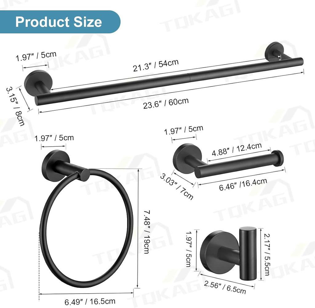 TQKAG Matte Black Bathroom Hardware Set, 6-Piece Towel Bar Set 23.6 Inch
