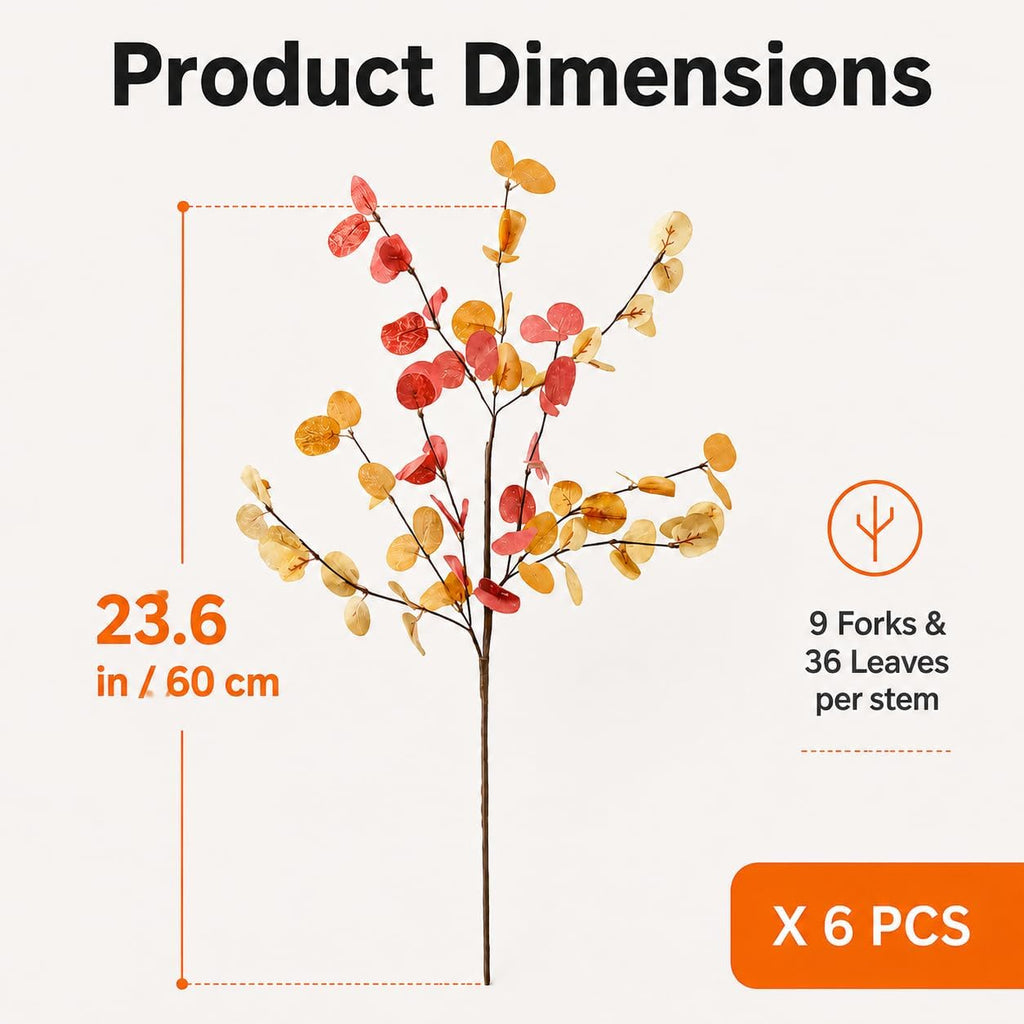 6pcs Eucalyptus Stems Fake Orange Red Autumn Leaves Artificial Silk Flowers Fall Decor Bouquet Faux Branches Centerpiece Flores Plants for Home Party Decor Wedding Decoration