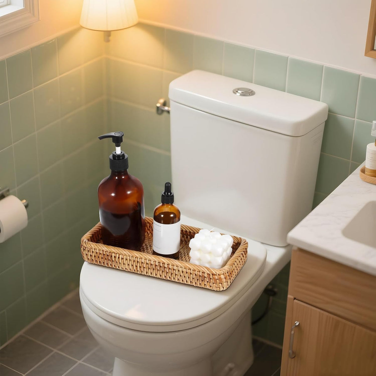 COMNICO Rattan Bathroom Vanity Tray, 10 Inch Natural Water Hyacinth Toilet Tank Baskets Decorative Wicker Vintage Storage Basket Topper Bins for Bathroom Kitchen Countertop Table