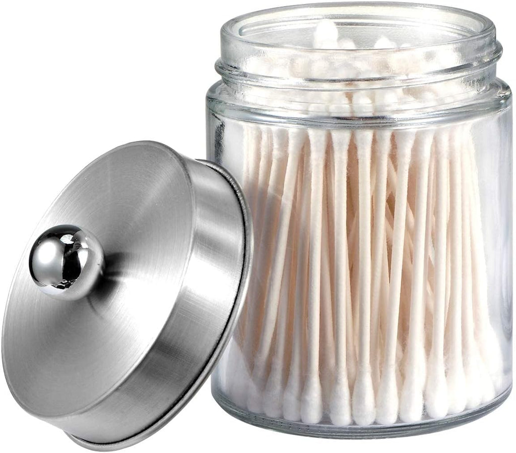 Amolliar Apothecary Jar Qtip Holder w/Metal Lid, Glass, Brushed Nickel