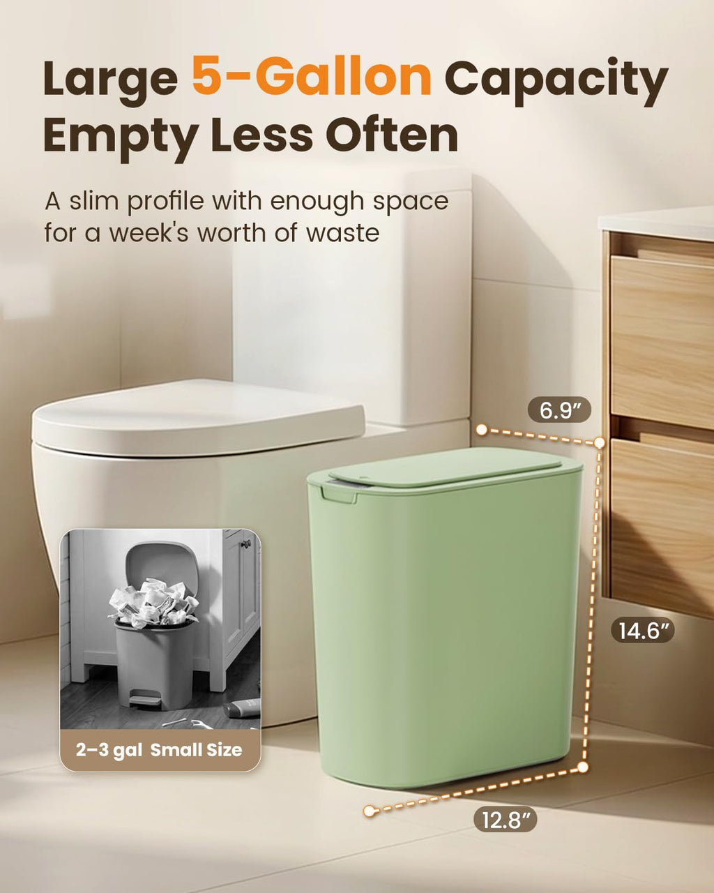 Cesun 5 Gallon Automatic Bathroom Trash Can with Lid, Green, Touchless