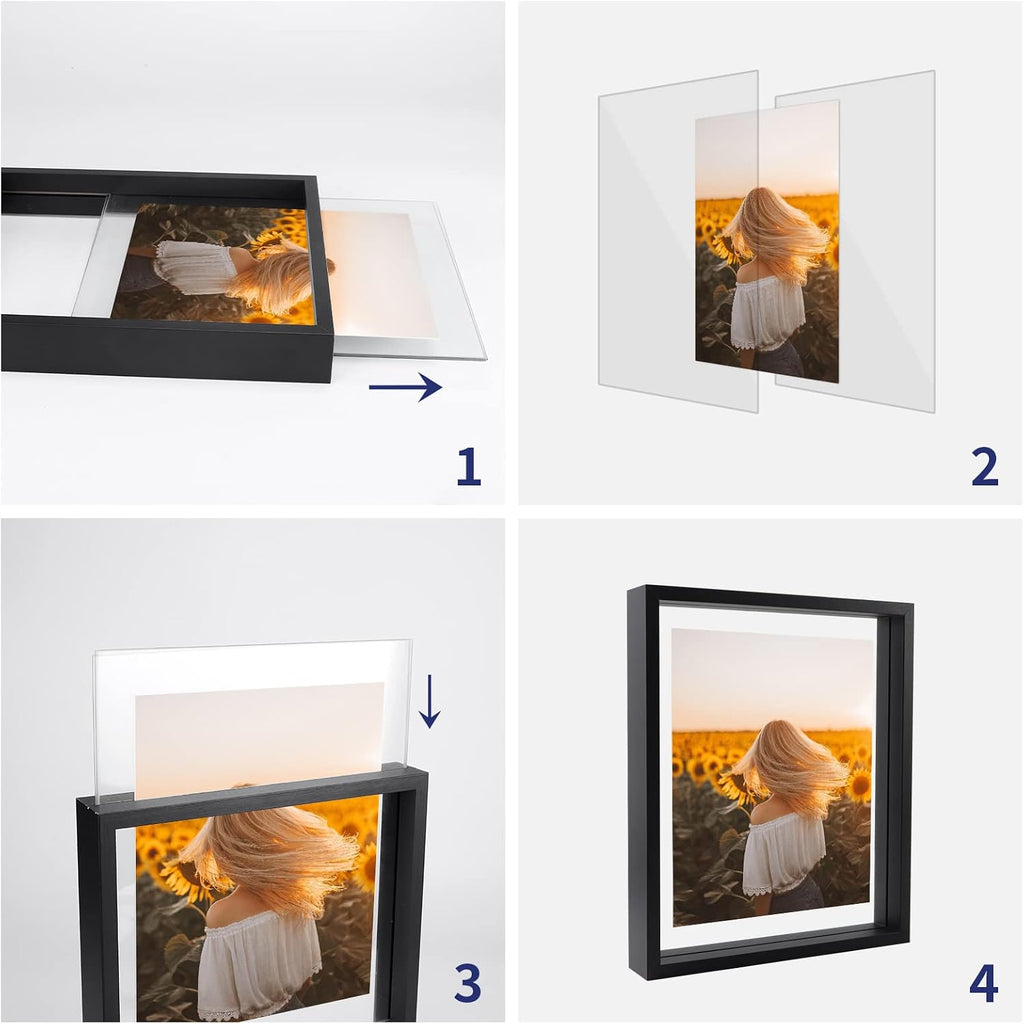 WIFTREY Black 8x10 Floating Picture Frame 2 Pack, Double Glass Distressed Floating Photo Frame for Tabletop or Wall Mount, Displays Photo up to 10x12