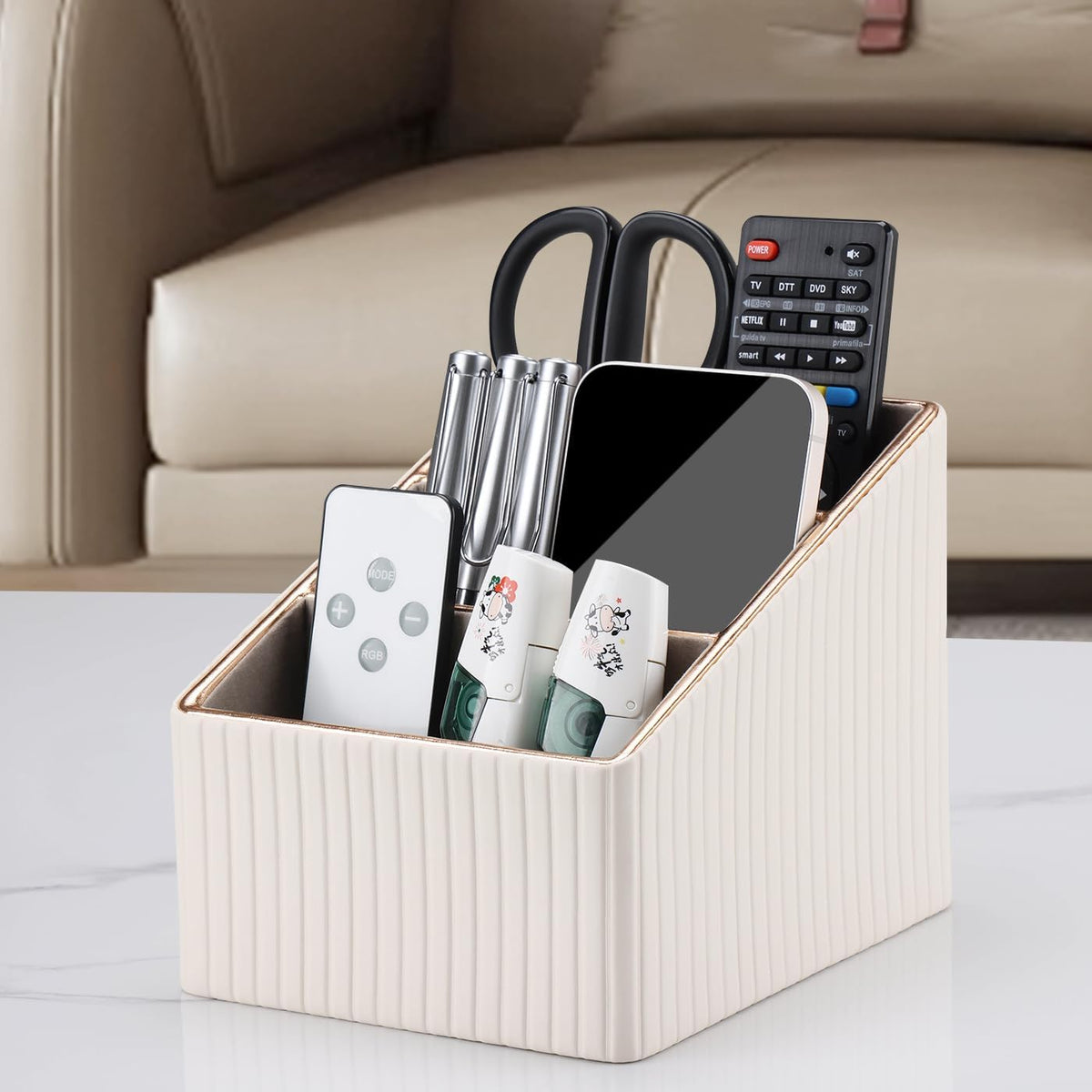 KINGFOM Remote Control Holder with 3 Compartments, Pu Leather Remote Caddy Desktop Organizer for TV, CD, Blu-Ray, Media Player, Heater Controllers and Cosmetics Office Supplies Light Beige
