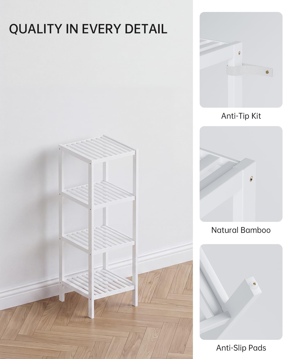 SMIBUY Bathroom Storage Shelf, 4-Tier Bamboo Rack Organizer, Multifunctional Shelving Unit for Living Room Bedroom Kitchen (White)
