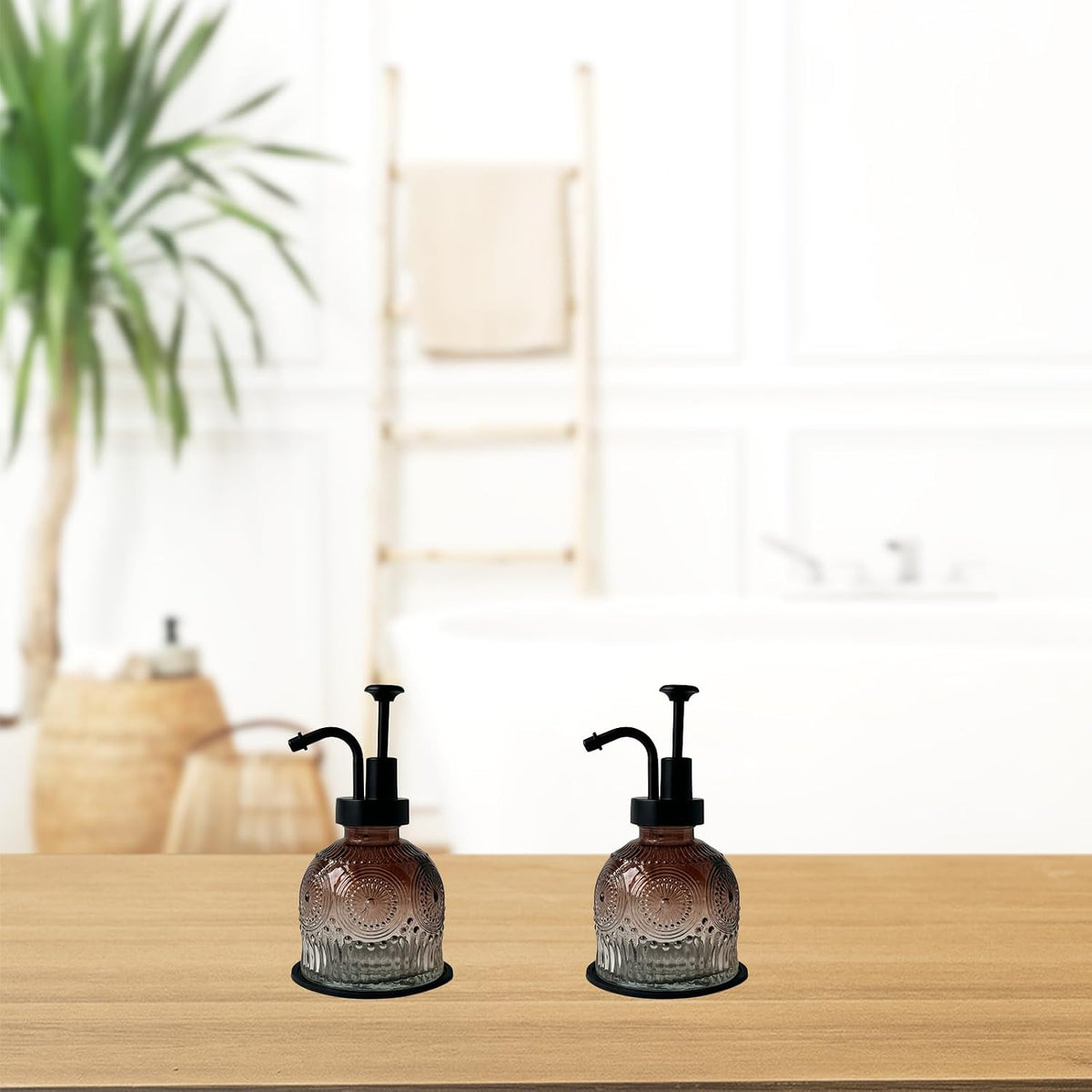 Vintage Glass Soap Dispenser for Bathroom and Kitchen - Farmhouse Antique Style, Cute Small Liquid Hand Soap Pump, Rustic Decorative (Brown)
