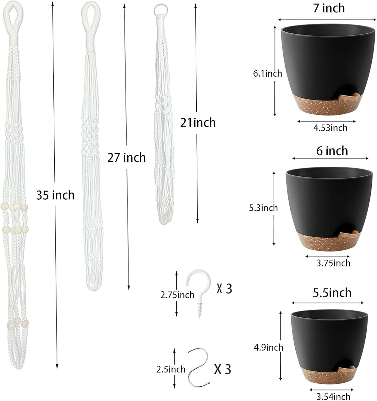 Hanging Planters with Macrame Plant Hangers for Indoor Outdoor Plants, 3 Set Hanging Baskets Flower Pots Holders 35''/27''/21'', Self-Watering Pots 7''/6''/5.5'', Boho Home Decor, Black