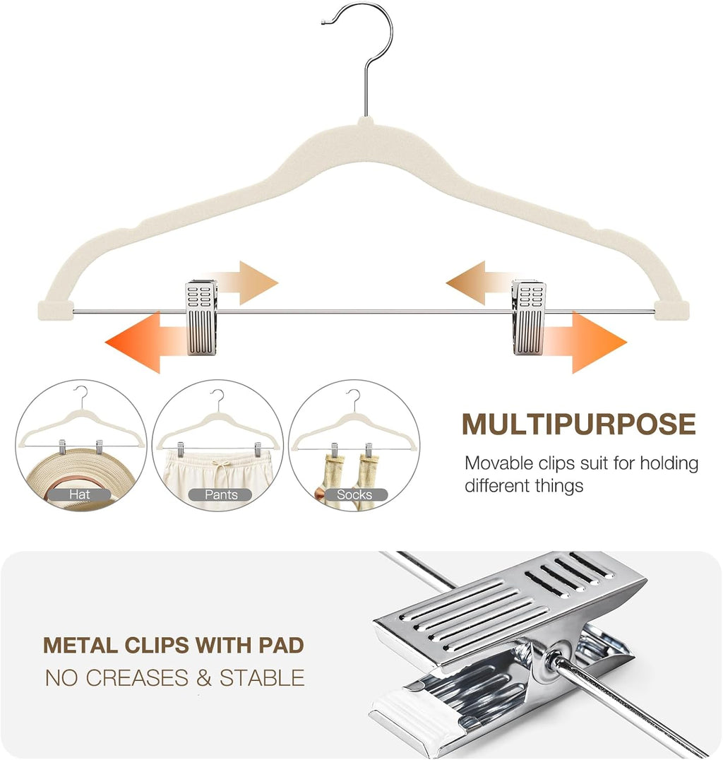 Korpai 24-Pack Beige Velvet Hangers with Clips Adjustable,Adult Hangers,Outfit Hangers,Heavy-Duty,Non-Slip,Space Saving, Felt Hanger for Pants, Skirts, Suits,Coats, Dresses ect.