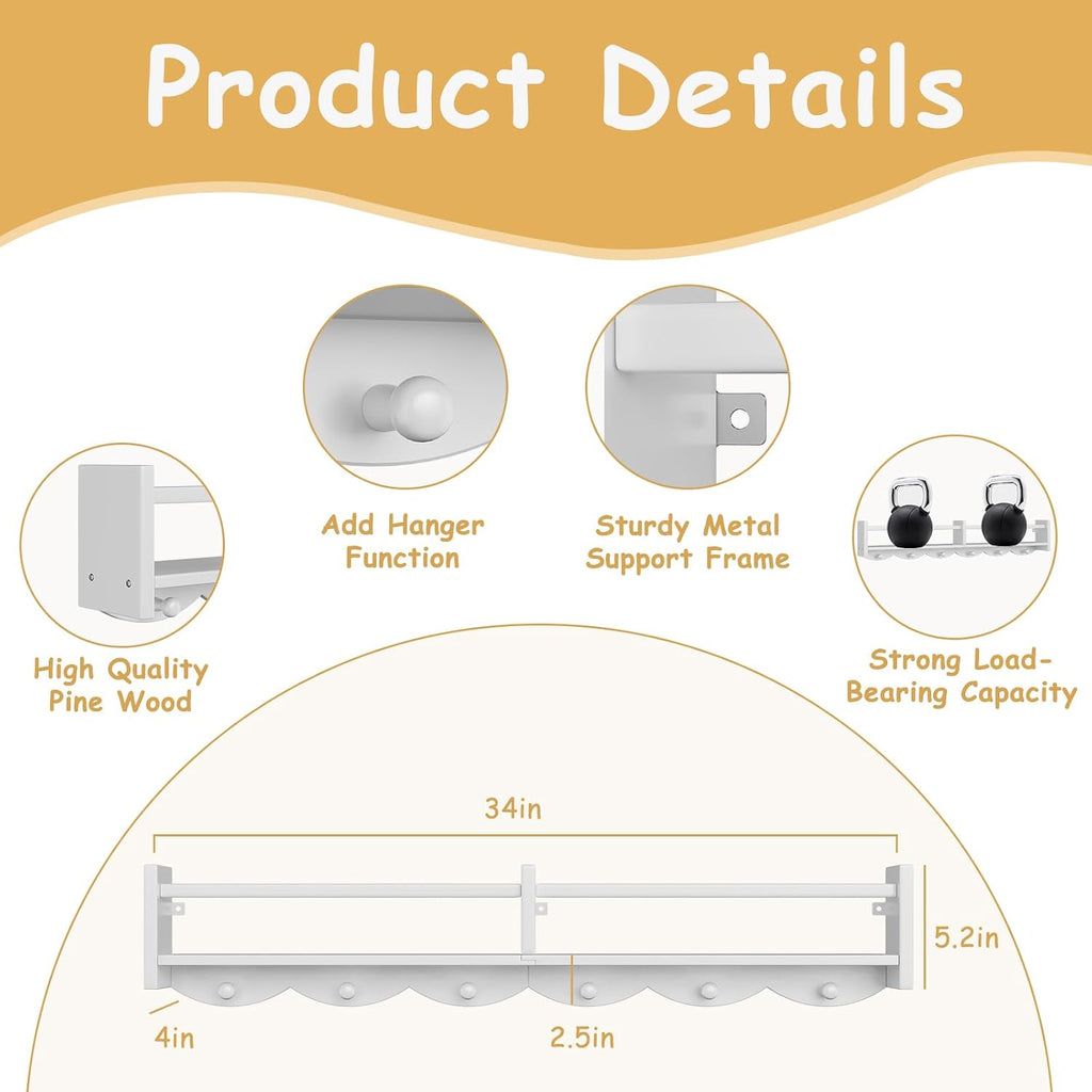 34Inch Nursery Floating bookshelf Coat Rack with 6 Hooks, Set of 4 White