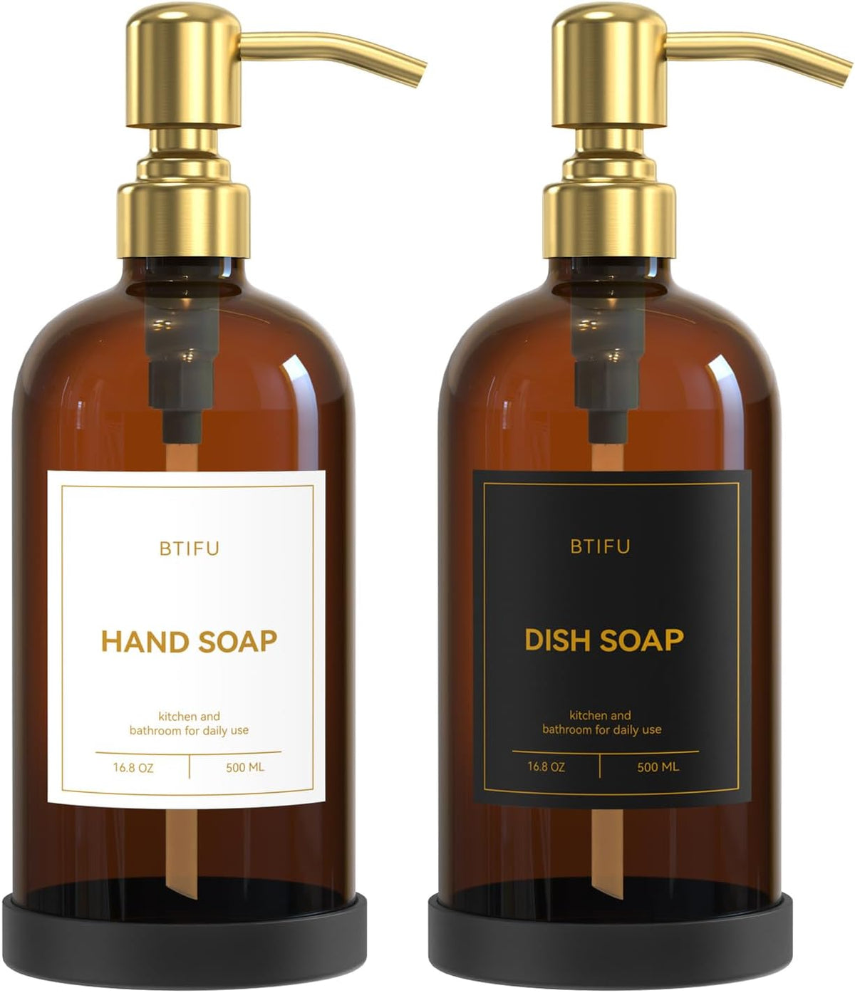 Kitchen Soap Dispenser Set – 16.8oz/500ml Glass Hand and Dish Soap Dispenser with Stainless Steel Pumps & Non-Slip Silicone Base, Luxury Countertop Decor for Home, Airbnb, Office (Amber & Gold)
