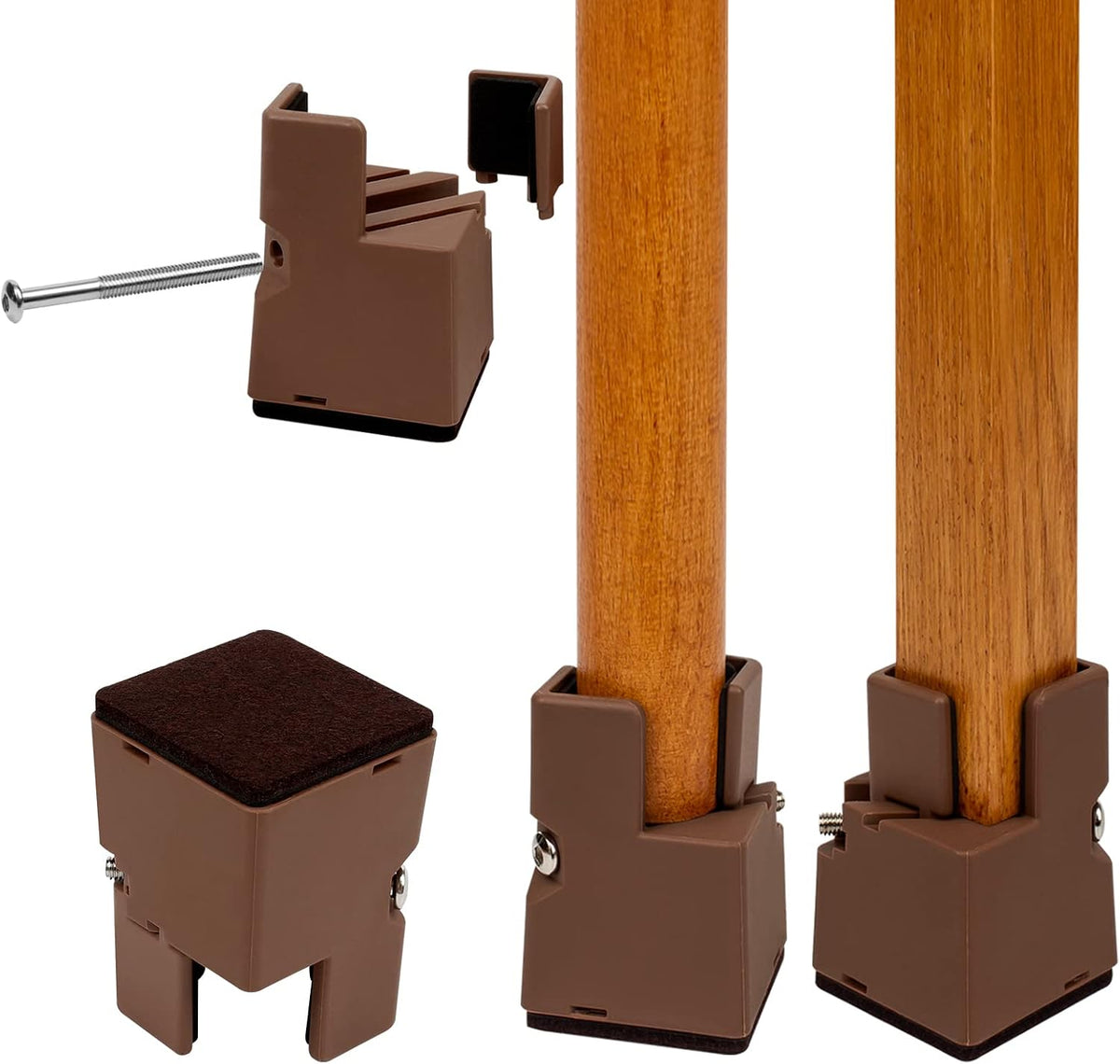 Bed Risers 2 Inch with Adjustable Screw Clamp, 4 Pack Heavy Duty Furniture Risers, Supports up to 5,000 lbs, Fits Furniture Legs with Thickness from 0.9 to 1.5 Inch(Brown, Type-G)