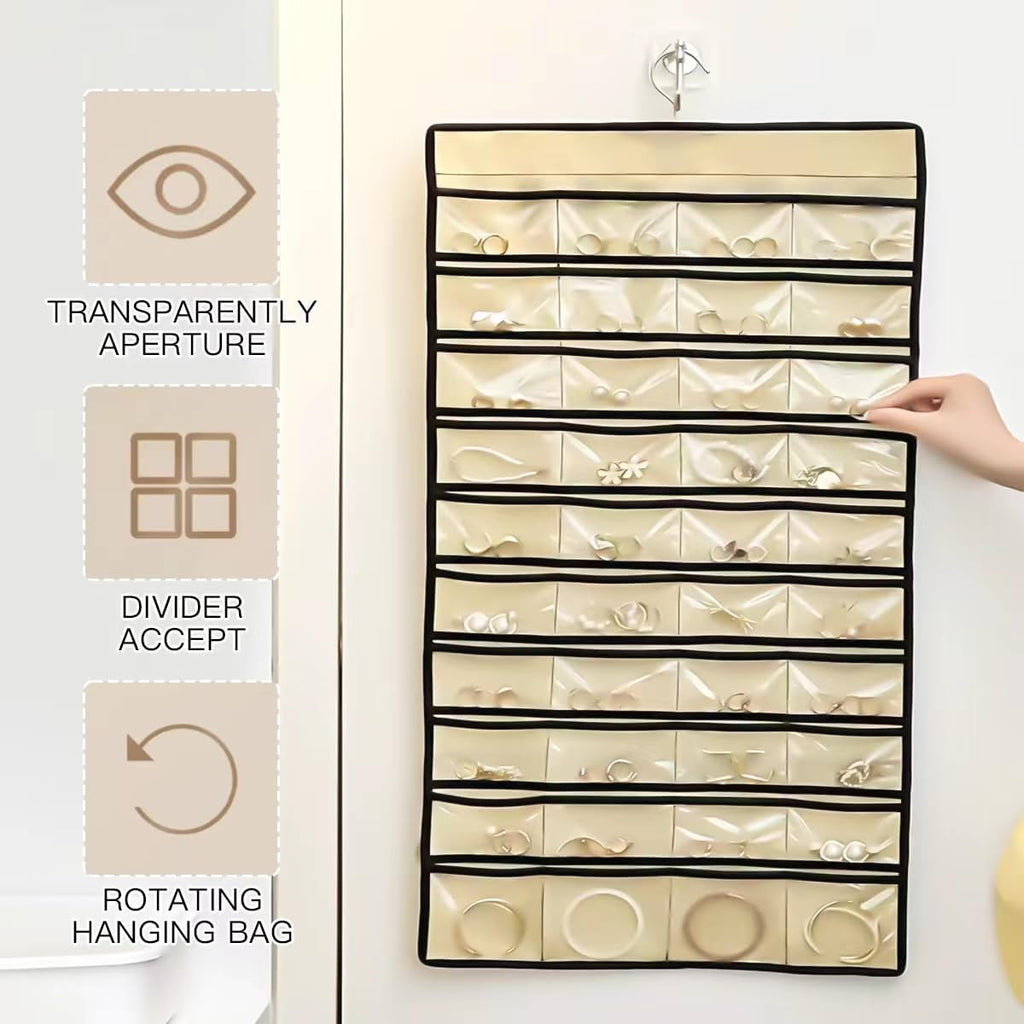 Double Sided Hanging Jewelry Organizer, 48 Pockets Clear Window Large Jewelry Hanging Organizer with Necklace Hanger, Wall/Door/Closet Stud Earring Bracelet Ring Storage