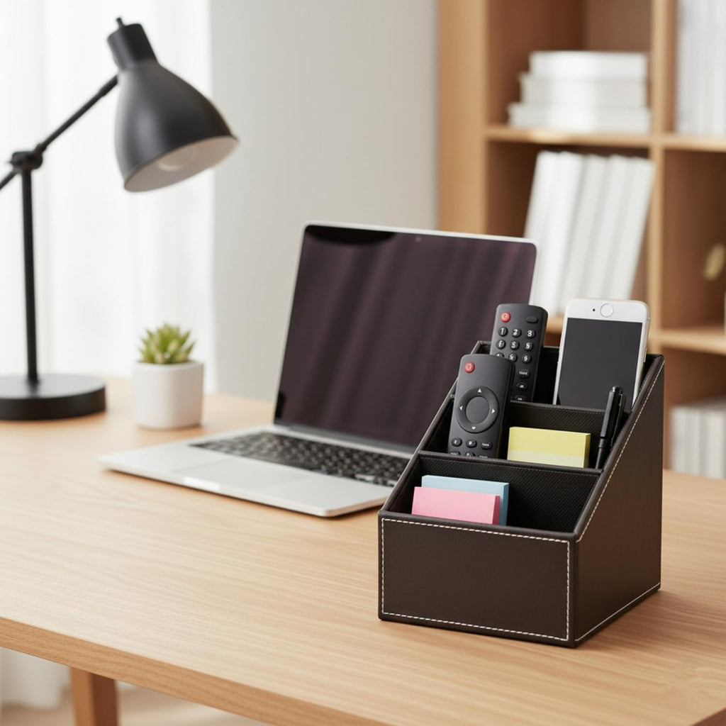 I-MART PU Leather Remote Control Holder Organizer with 3 Compartments, Stylish TV Remote Holder Caddy for Desk Nightstand Coffee Table and Media Accessory Storage (Black)