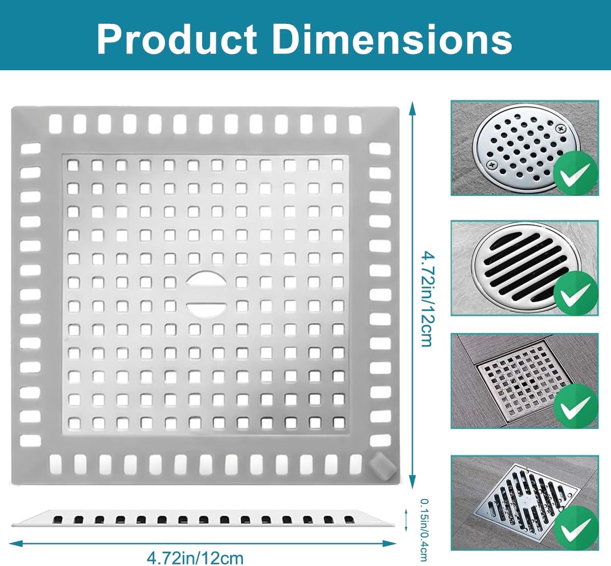Drain Hair Catcher, 2pcs Square Shower Drain Cover for Bathroom, Drain Strainer, Stainless Steel and Silicone (Square)
