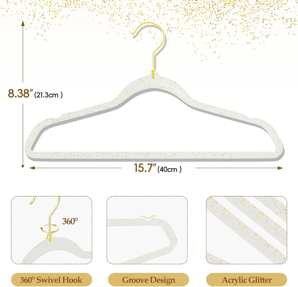 100 Pack Clear Acrylic Hangers with Gold Glitter, Space Saving