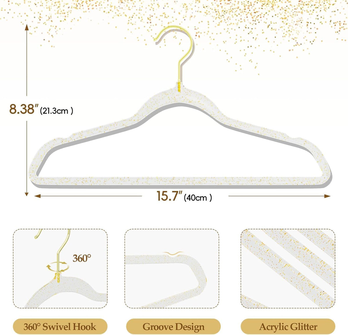 100 Pack Clear Acrylic Hangers with Gold Glitter, Space Saving