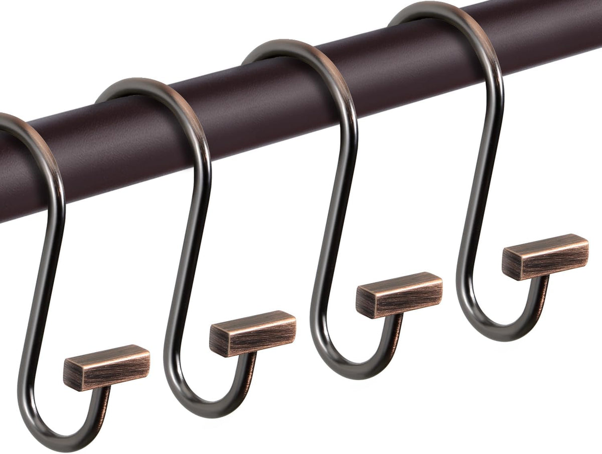 Bronze Shower Curtain Hooks, Rust Proof Shower Curtain Rings for Bathroom, CHICTIE Modern Metal Decorative Shower Hooks Hangers for Shower Curtain Rod, Square T Bar Shape Set of 12