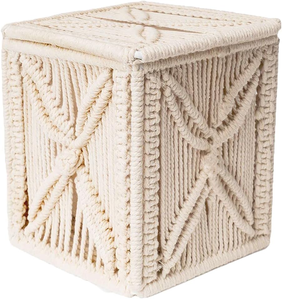 Livalaya Macrame Tissue Box Cover Square Cute Boho Tissue Box Holder, Macrame Napkin Tissues Organizer Toilet Paper holder or Tissues Cube box cover for Bathroom vanity, Bedroom Night Stand Home Décor