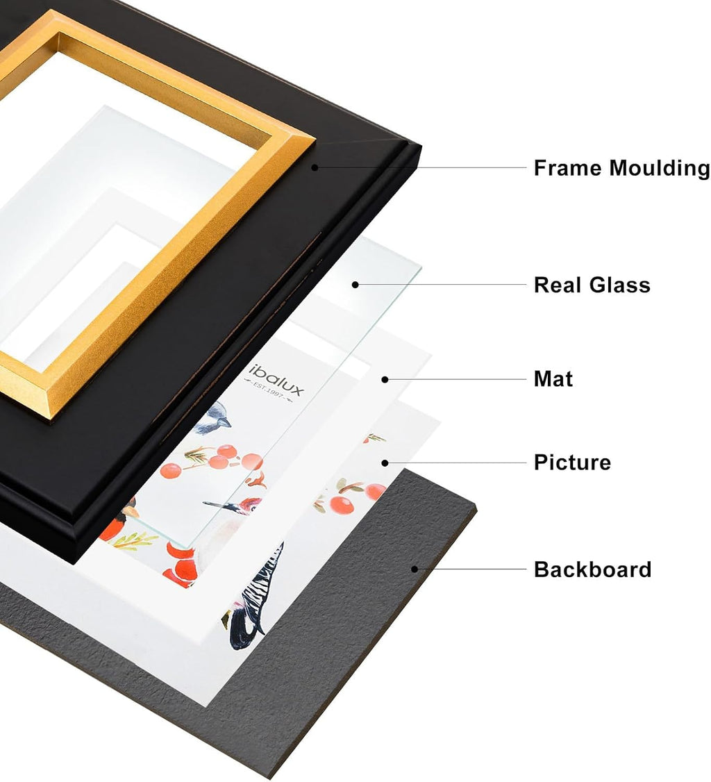8x10 Black Wood Picture Frame with Real Glass, Gold Inner Border, Matted to 5x7, Vertical and Horizontal for Tabletop or Wall Hanging