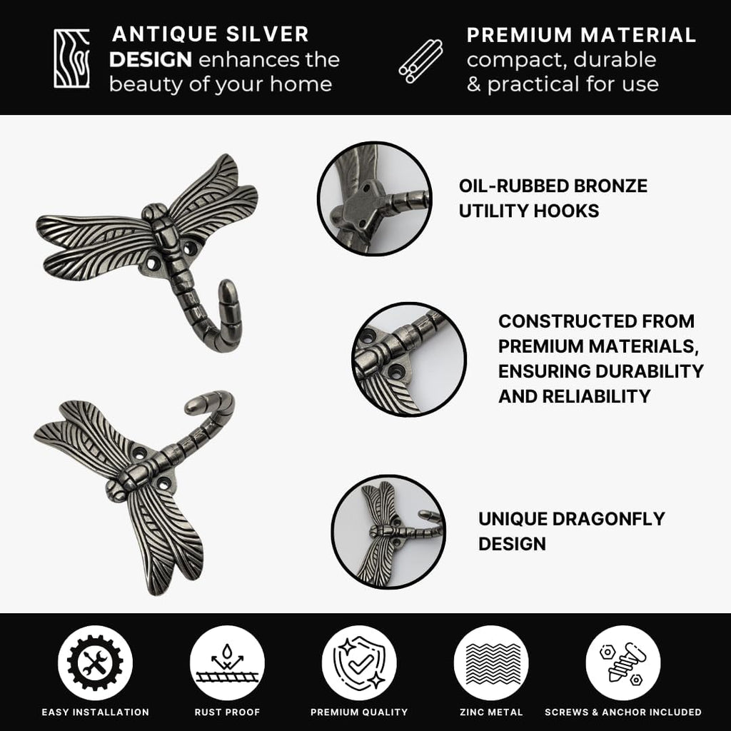 6 pcs Antique Silver Dragonfly Decorative Wall Hooks for Hanging Coats, Keys, Towels, Bags, and More