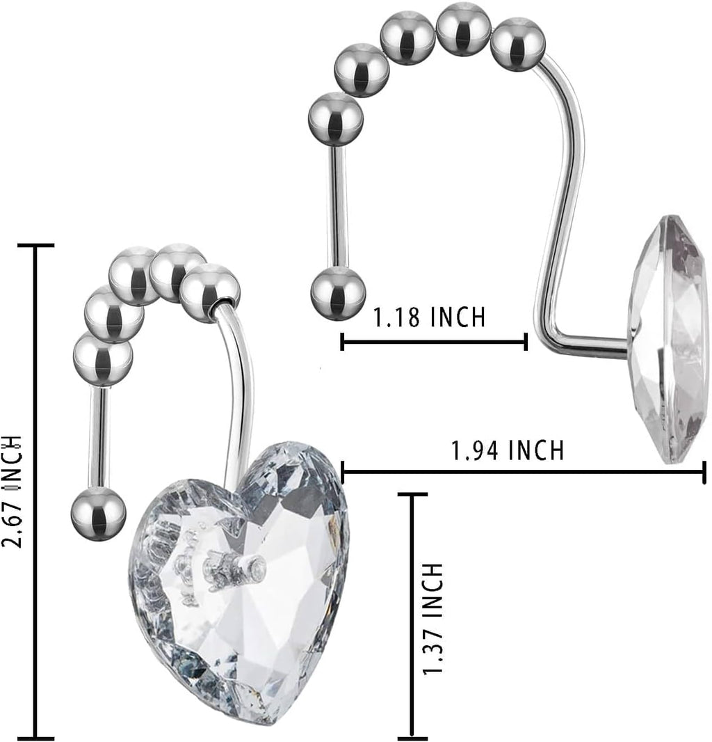 Diamond Shower Curtain Hooks, 12-Pack Heart Shaped Crystal Shower Rings, Decorative Bathroom Hangers for Valentine's Day, Bling Clear Fancy