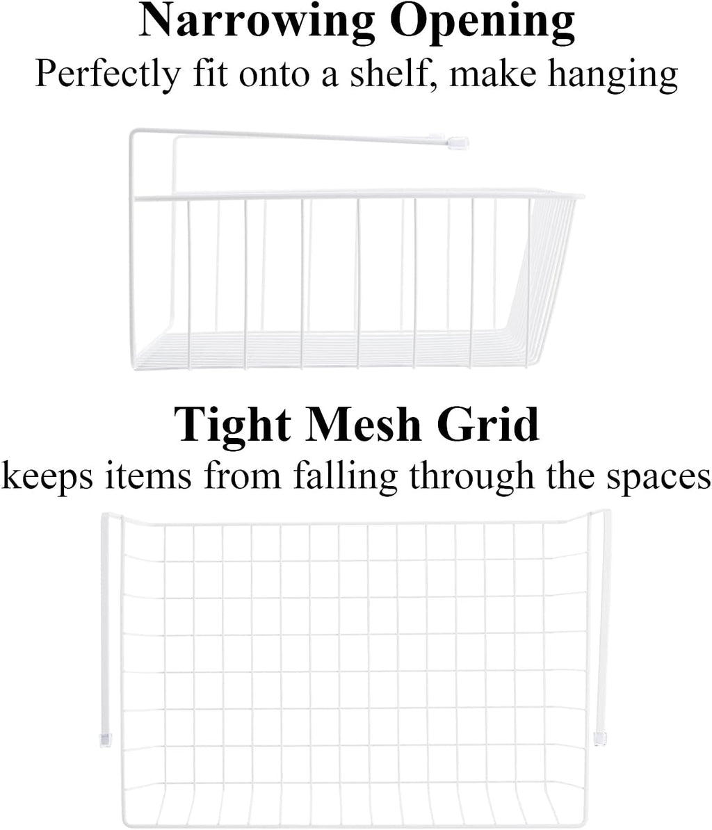 Tebery 4 Pack White Under Shelf Wire Basket Hanging Storage Baskets, Under Cabinet Add-on Storage Racks Slide-in Baskets Organizer for Kitchen Pantry Desk Bookshelf