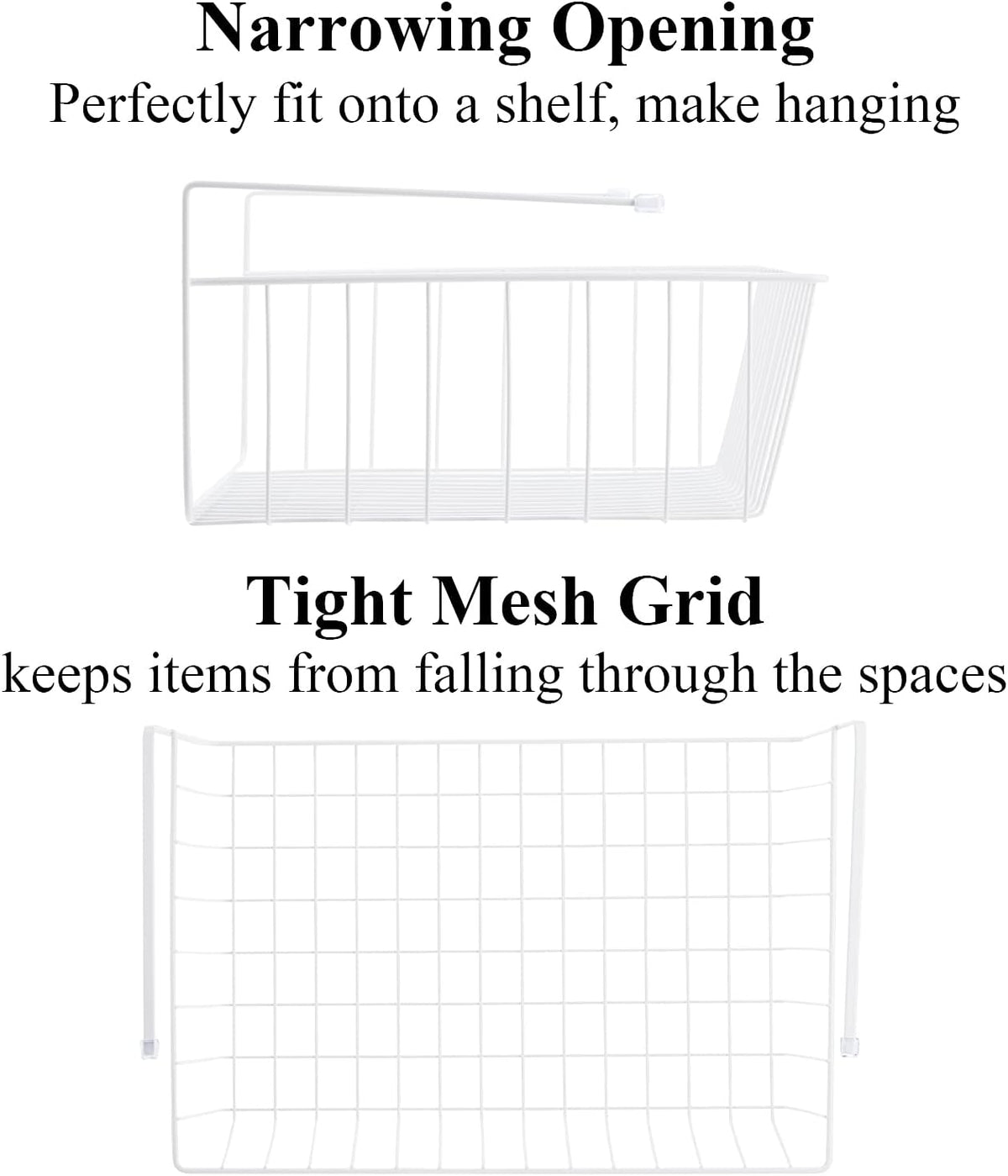 Tebery 4 Pack White Under Shelf Wire Basket Hanging Storage Baskets, Under Cabinet Add-on Storage Racks Slide-in Baskets Organizer for Kitchen Pantry Desk Bookshelf