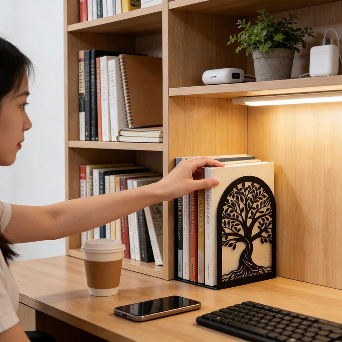 2 Pairs Tree of Life Metal Bookends, Black Book Stoppers for Shelves
