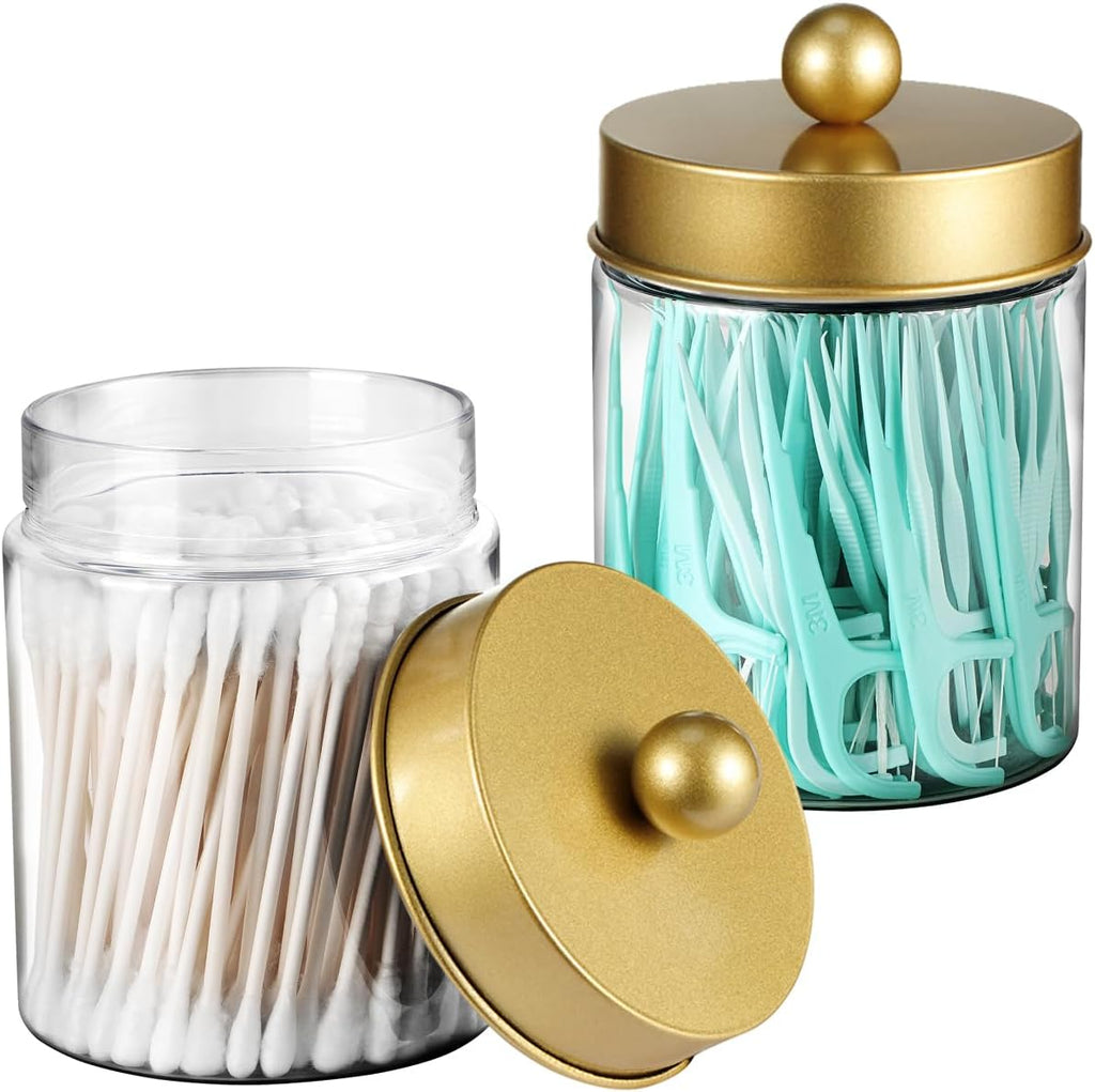 3PC Farmhouse Decor Qtip Holder Apothecary Jars (Gold, Plastic)