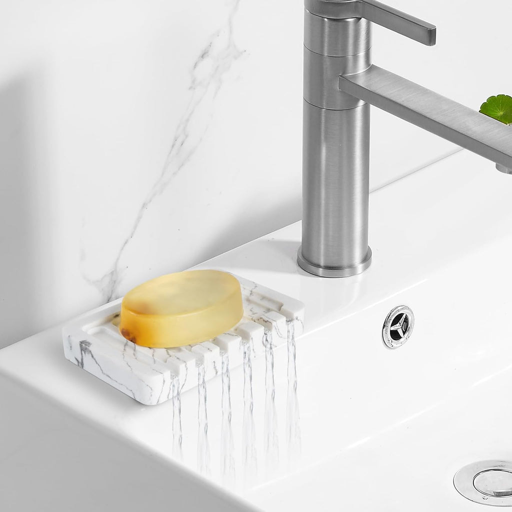 Resin Soap Dish Bathroom,Self Draining Marble Look Soap Holder for Shower,Soap Tray for Kitchen,Sink(Marble White)