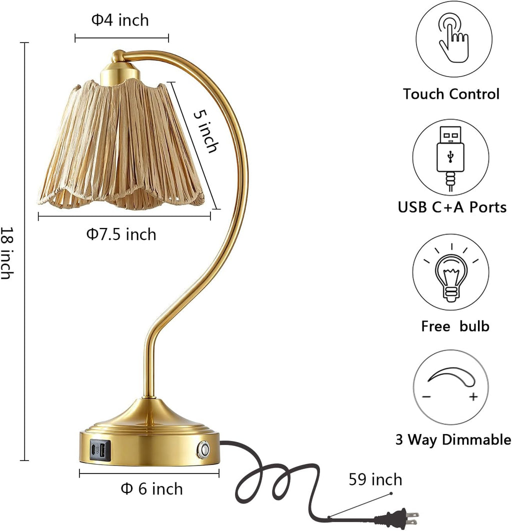 Set of 2 Boho Rattan Small Touch Table Lamps with USB C+A Ports