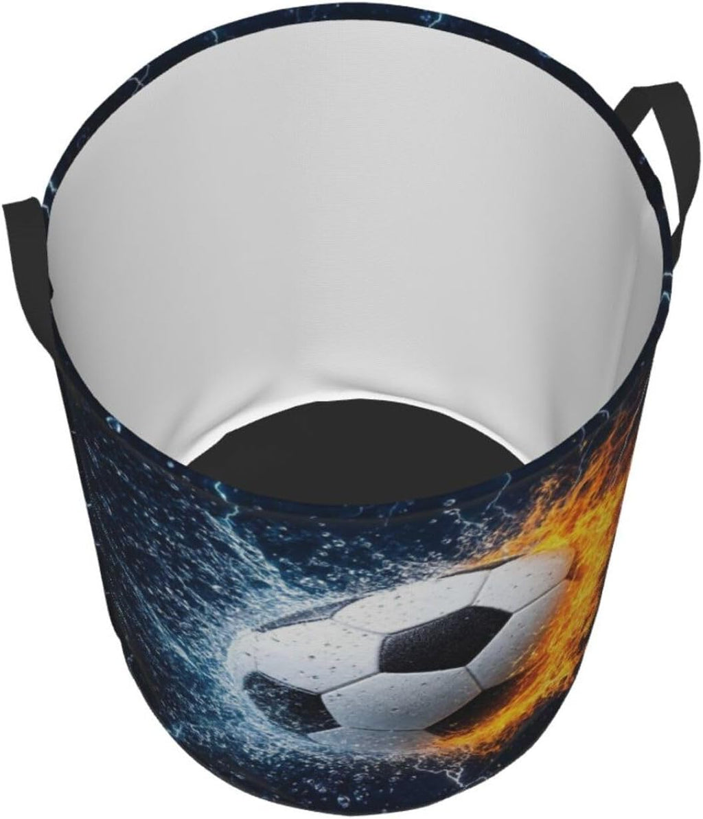 Soccer Ball In Fire And Water Round Laundry Hamper Sport Football Storage Basket Toys Clothes Organizer Bin For Home Bathroom Bedroom Dorm Nursery, 38l