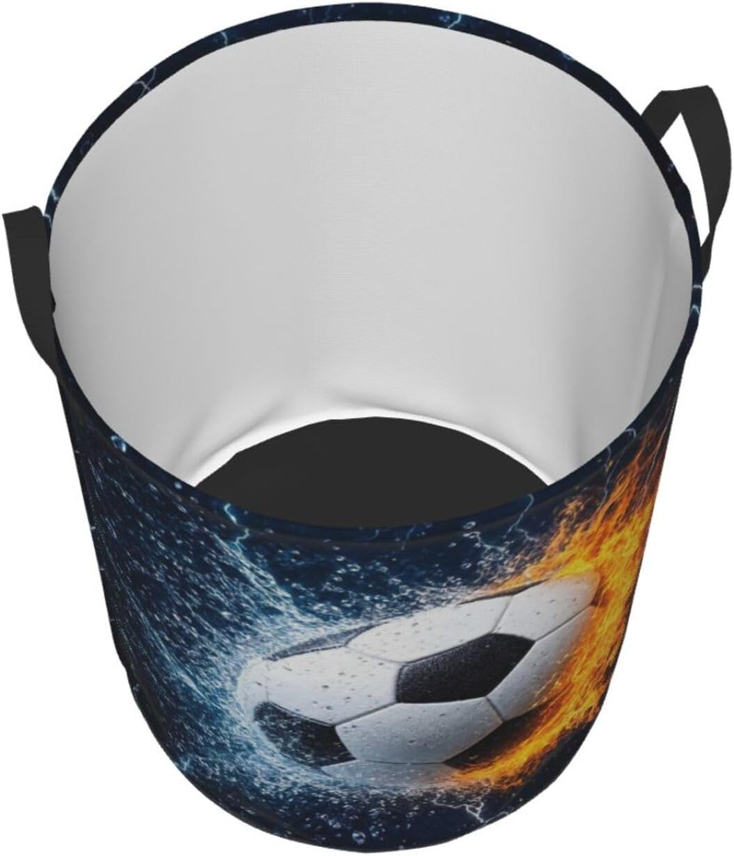Soccer Ball In Fire And Water Round Laundry Hamper Sport Football Storage Basket Toys Clothes Organizer Bin For Home Bathroom Bedroom Dorm Nursery, 38l