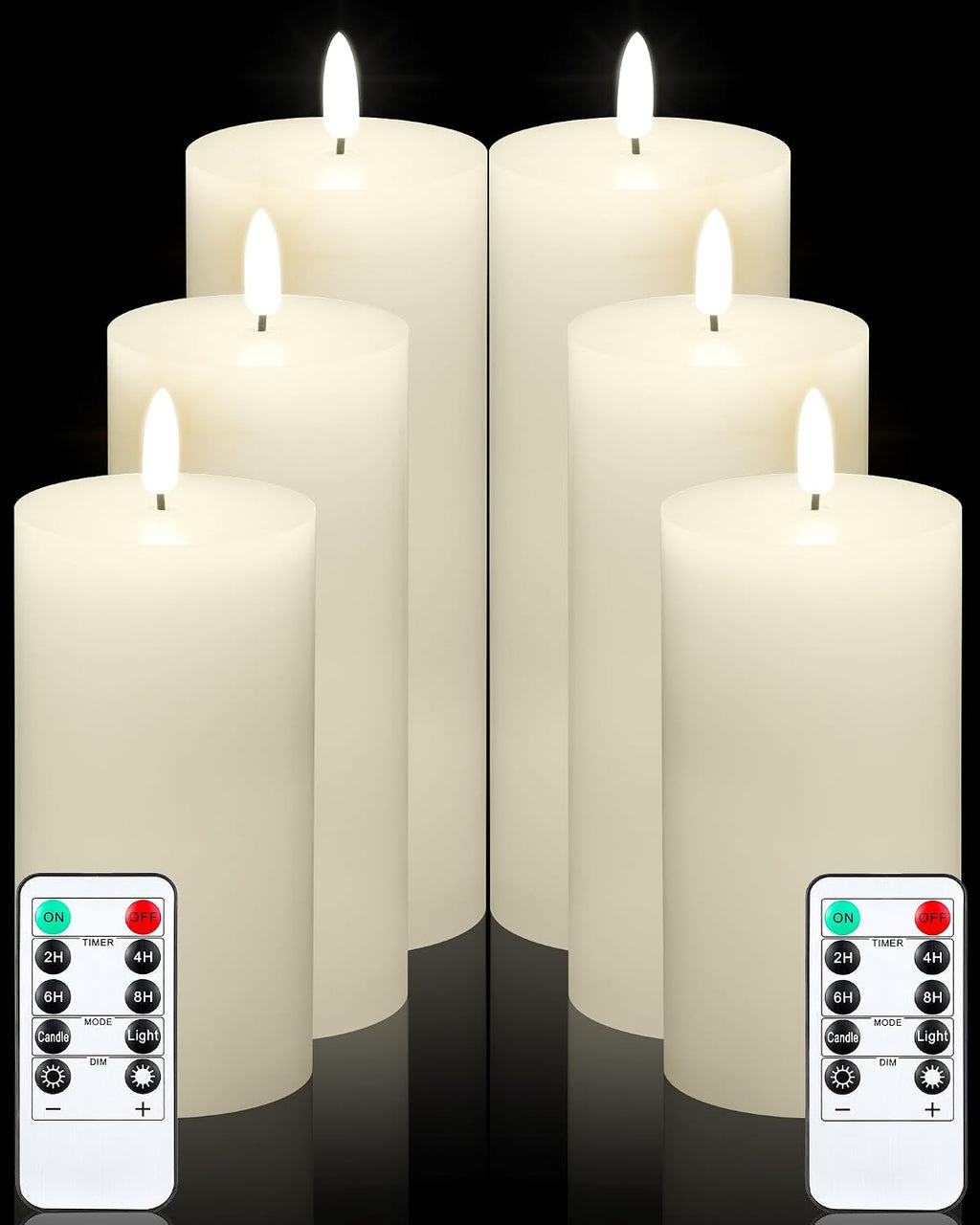 VIHOSE 6 Pack Lvory White Flameless Candles Set with Remote and Timer Flickering Flameless Battery Candles Flat Top LED Pillar for Wedding Outdoor Home Festival Decoration(D 3'' H 6'' 7'' 8'')