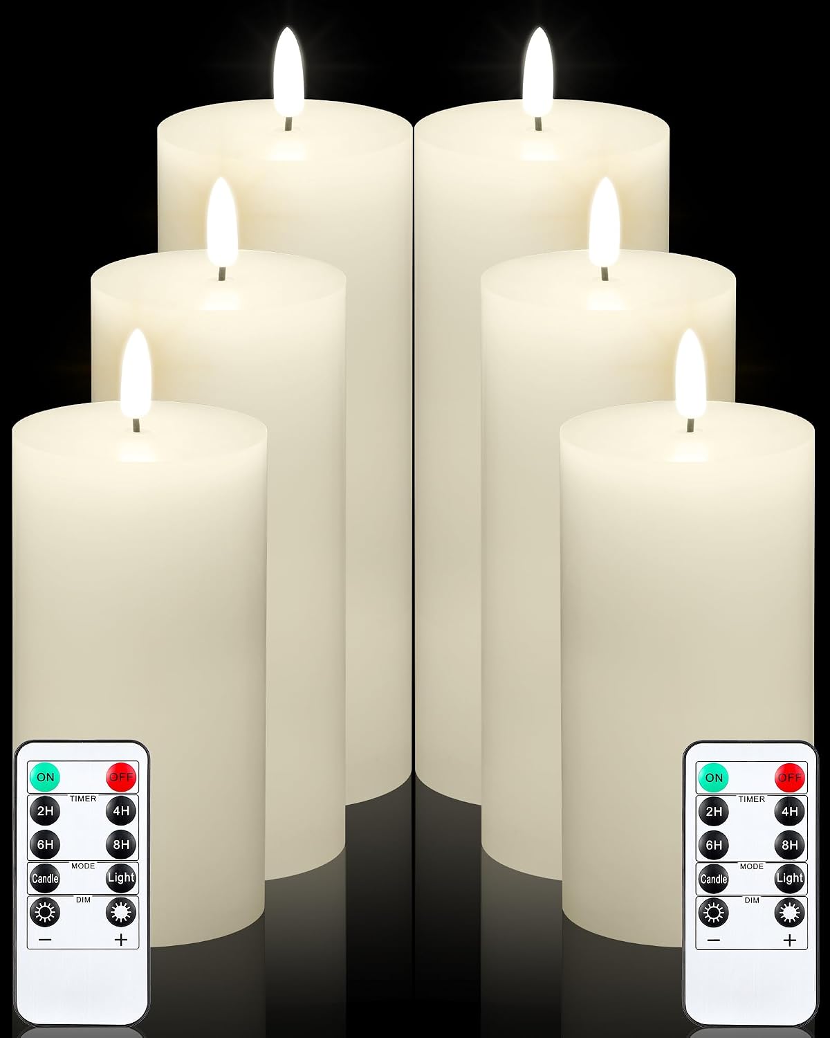 VIHOSE 6 Pack Lvory White Flameless Candles Set with Remote and Timer Flickering Flameless Battery Candles Flat Top LED Pillar for Wedding Outdoor Home Festival Decoration(D 3'' H 6'' 7'' 8'')
