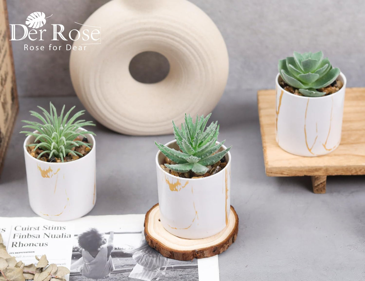 Der Rose 3 Pack Fake Succulent Plants in Gold Accent Pots for Desk Decor