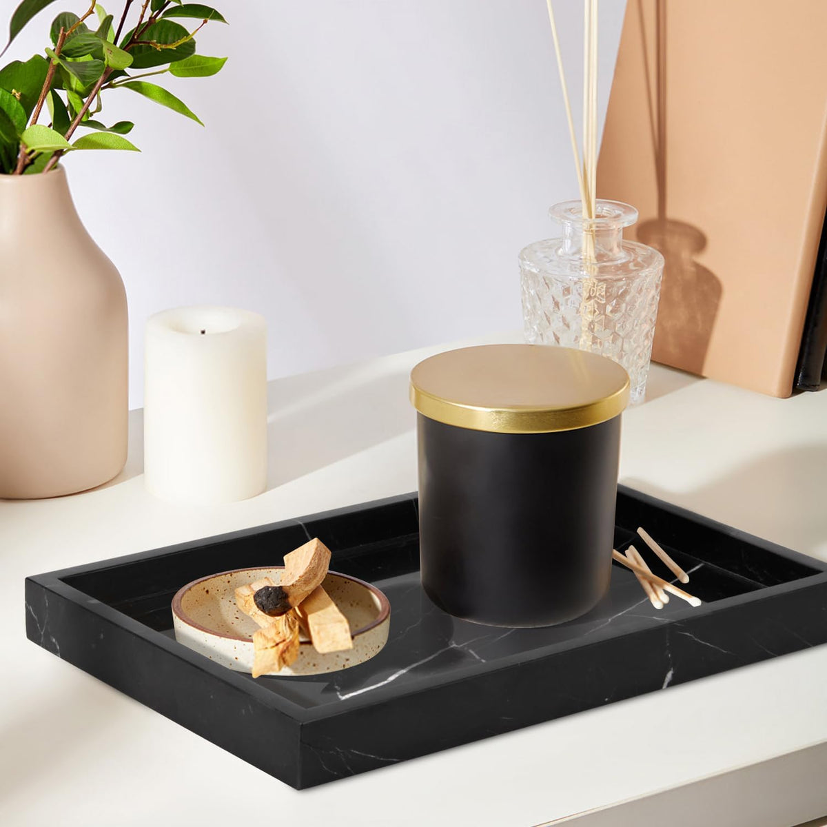 Marble Bathroom Vanity Tray, Black Marquina, 12"x 8" x1.2"