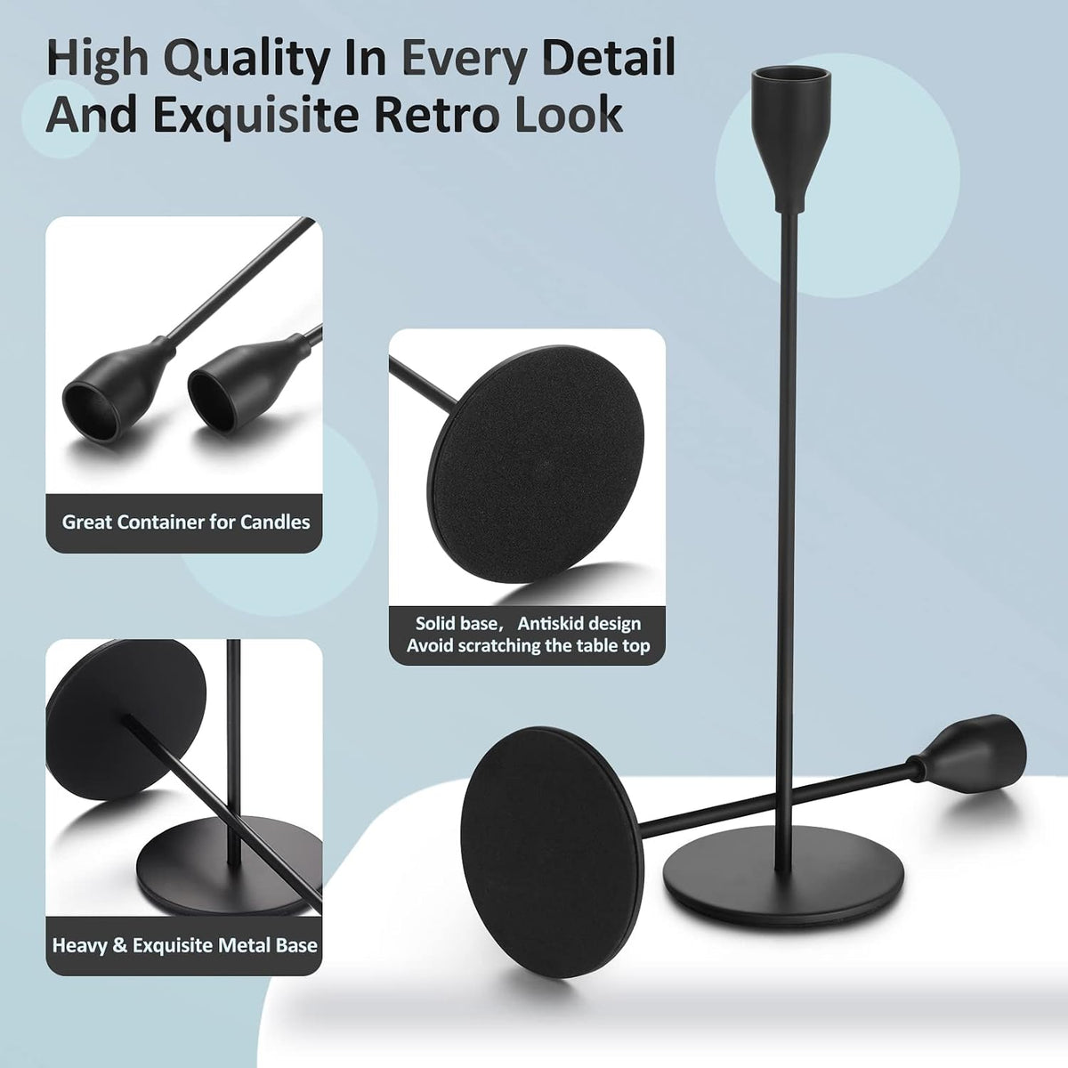 18 Pcs Black Tall Taper Candle Holders, 3 Sizes, Fits 3/4" Candles