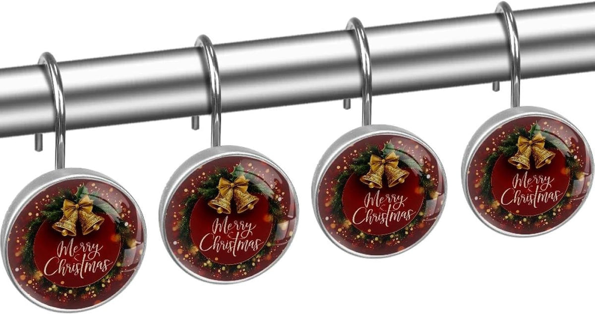 12 PCS Merry Christmas Shower Curtain Hooks, Rustproof Stainless Steel Decorative Shower Curtain Rings Hangers for Bathroom Living Room Bedroom Curtains Rods
