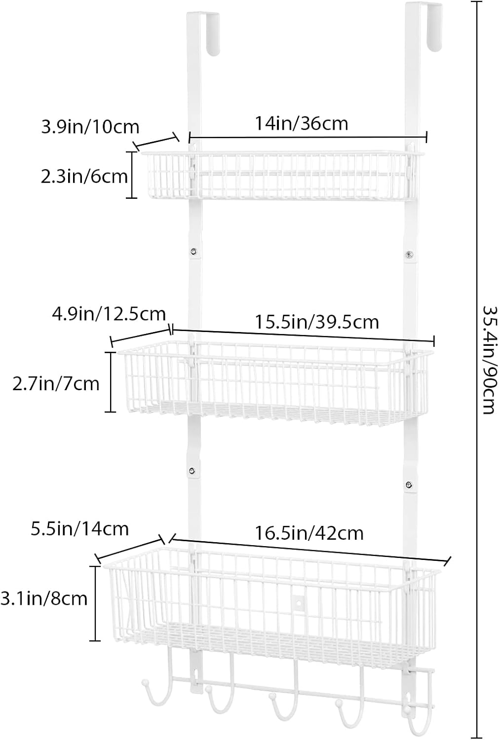 YBING Over The Door Organizer with Hooks, 3 Tier Door Hanger, White