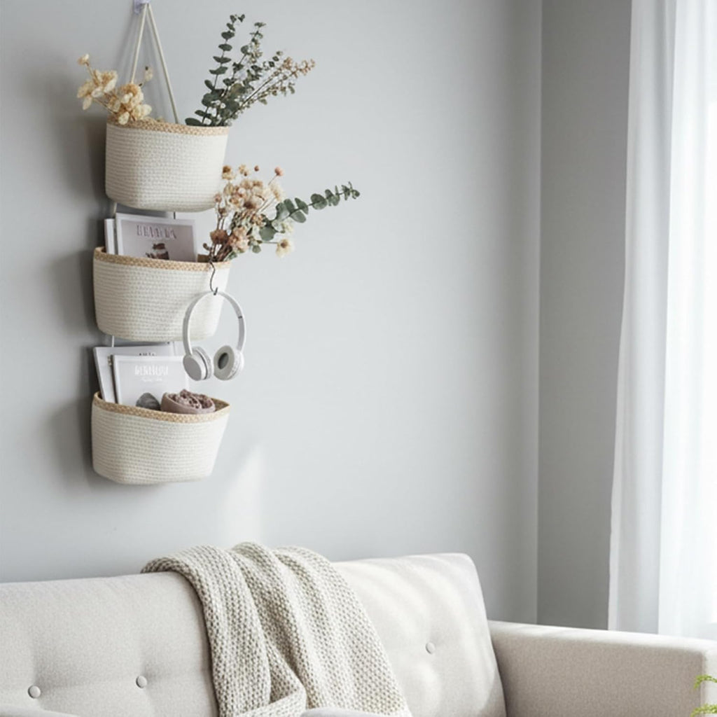 TeoKJ Over the Door Hanging Storage Basket Wall Organizer White&Light Brown