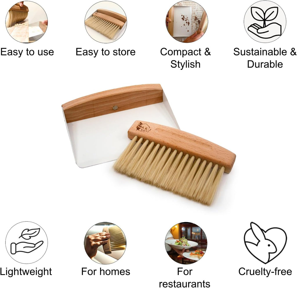 A&J Koti Table Crumb Sweeper - Small Mini Metal Dustpan and Hand Brush Combo Set - Wood Crumber for Servers, Restaurants, Home and Kitchen - Crumb Cleaning Set